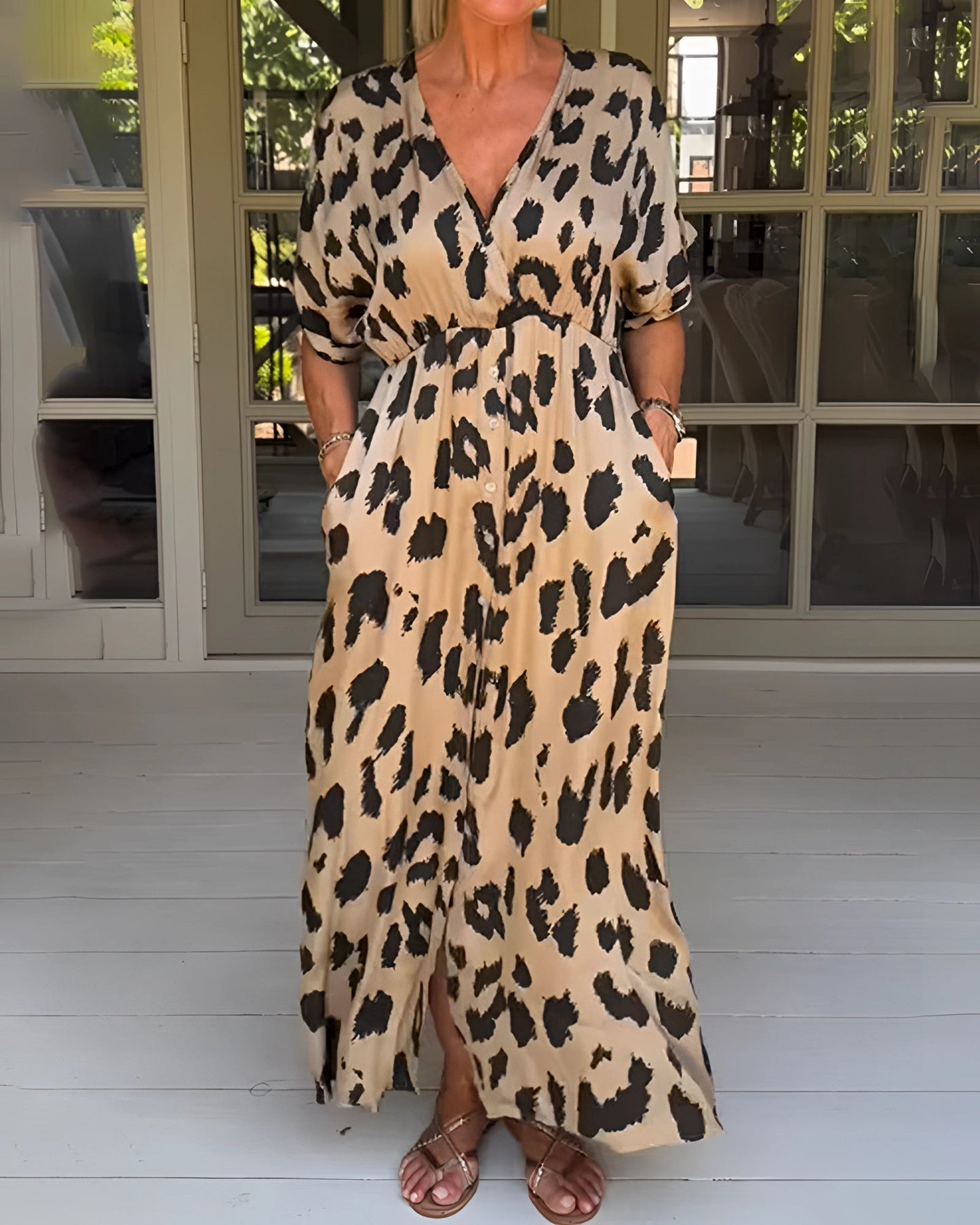 Beige and Black Leopard Print Maxi Summer Dress with V-Neck
 - ModishWorld