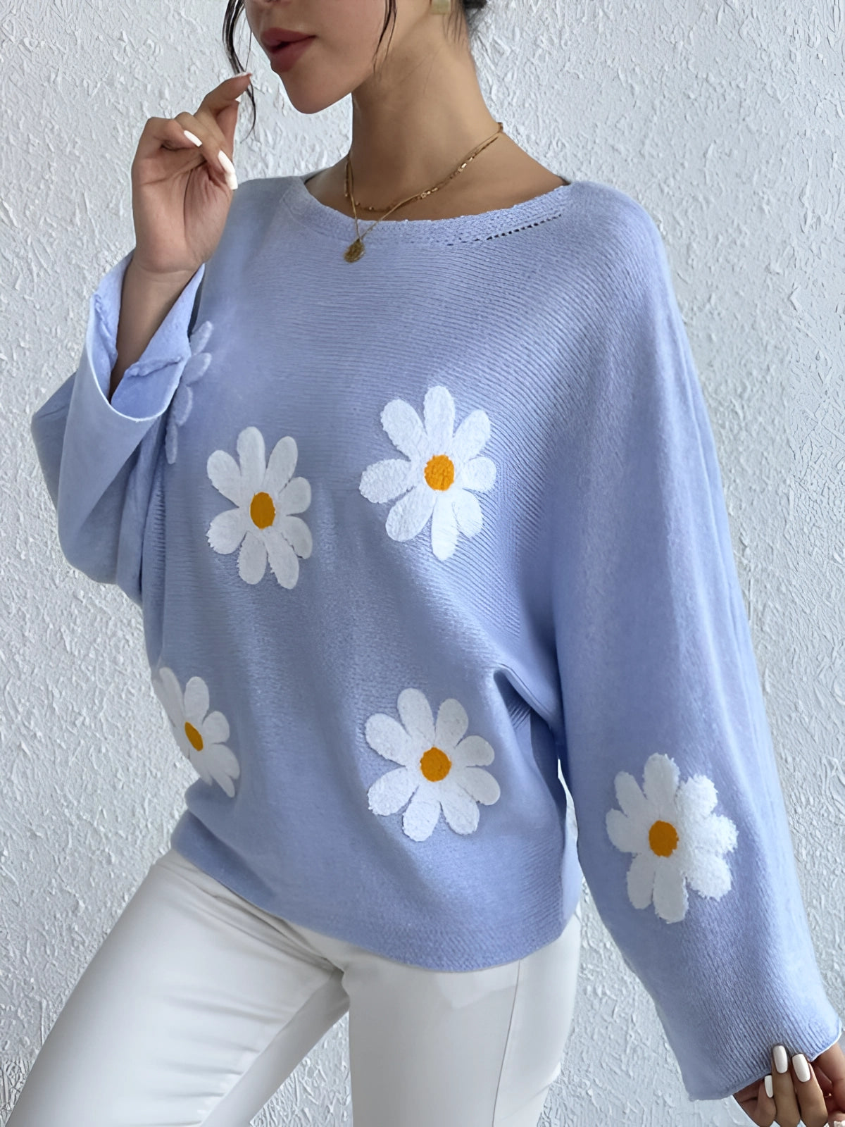 Women's Spring Knit Sweater with Light Blue Floral Daisy Applique - Boho Chic Style
 - ModishWorld