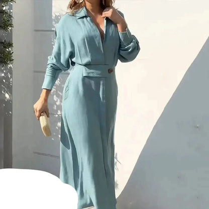 Women's Light Blue Belted Jumpsuit, Long Sleeve, Formal Spring Style
 - ModishWorld