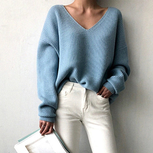 Women's Casual Chic Light Blue Oversized V-Neck Knit Pullover
 - ModishWorld