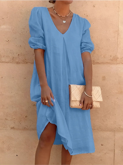 Women's Summer Dress, Light Blue, V-Neck, Balloon Sleeves, Asymmetrical
 - ModishWorld