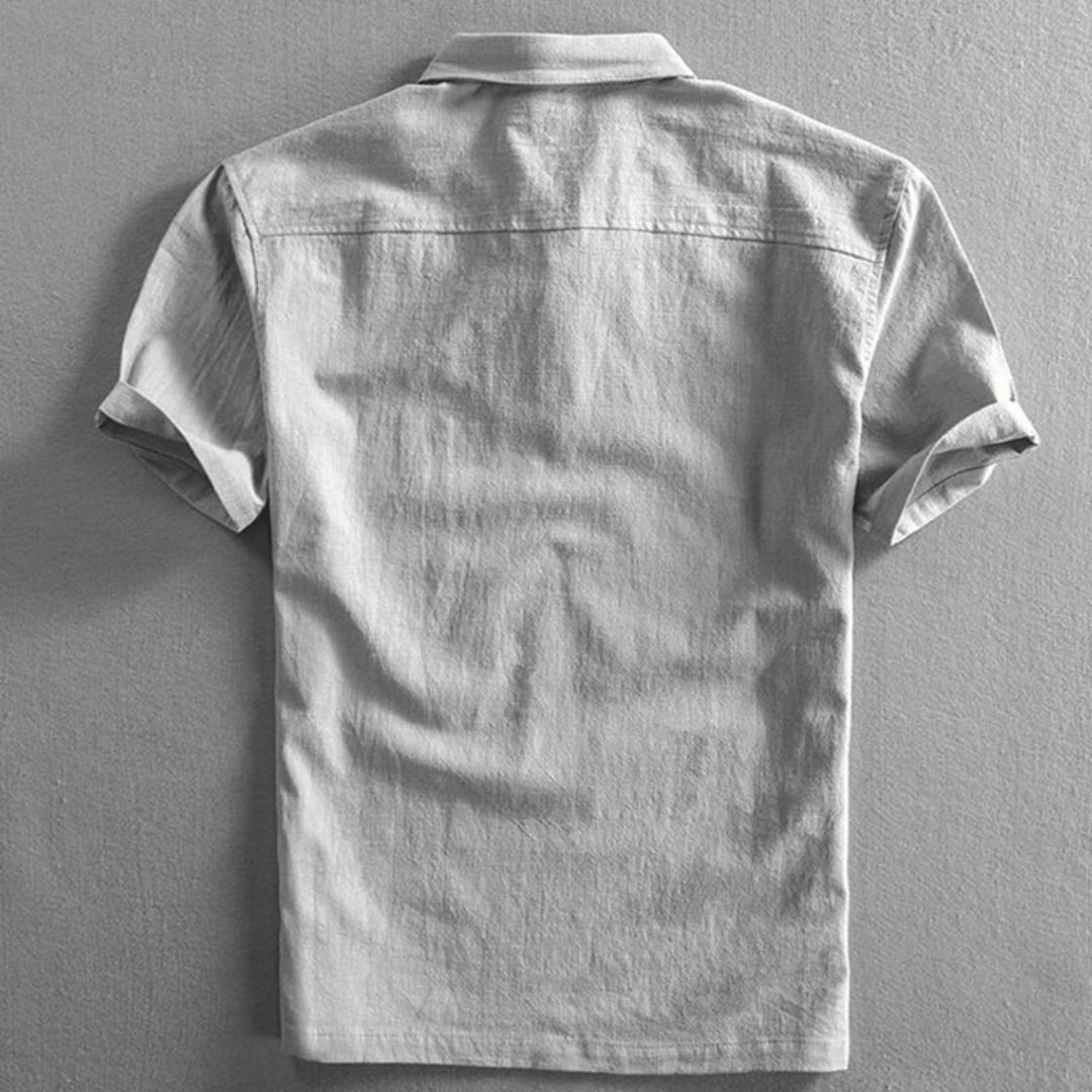 Breathable Linen Dress Shirt for Men, Light Grey, Short Sleeve, Mandarin Collar
 - ModishWorld