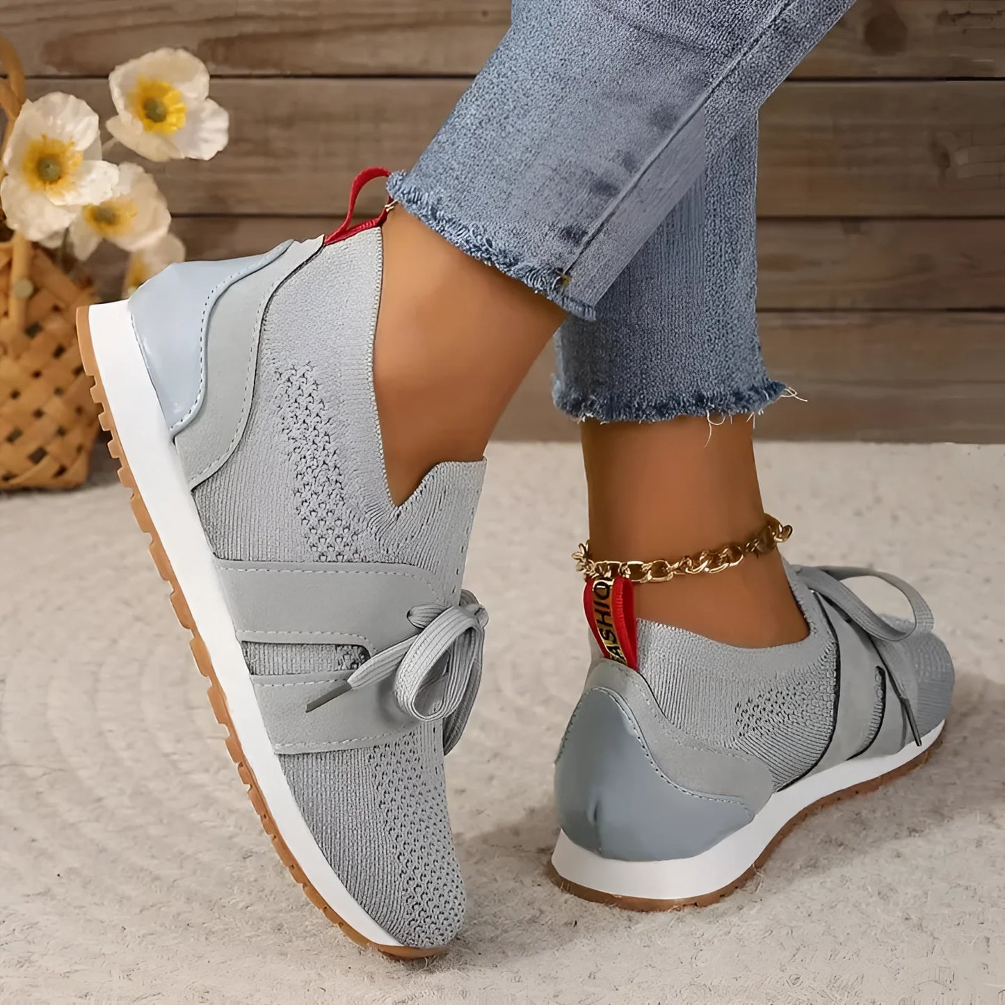 Breathable Grey Women's Walking Shoes with Red Detailing
 - ModishWorld