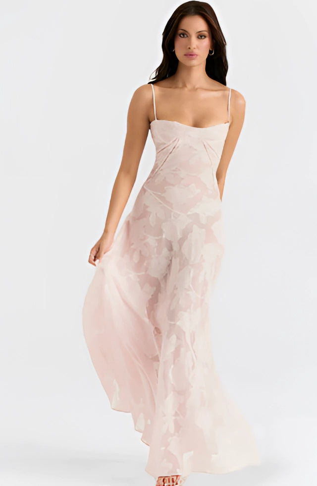 Romantic Summer Evening Gown in Light Pink Floral Lace
 - ModishWorld