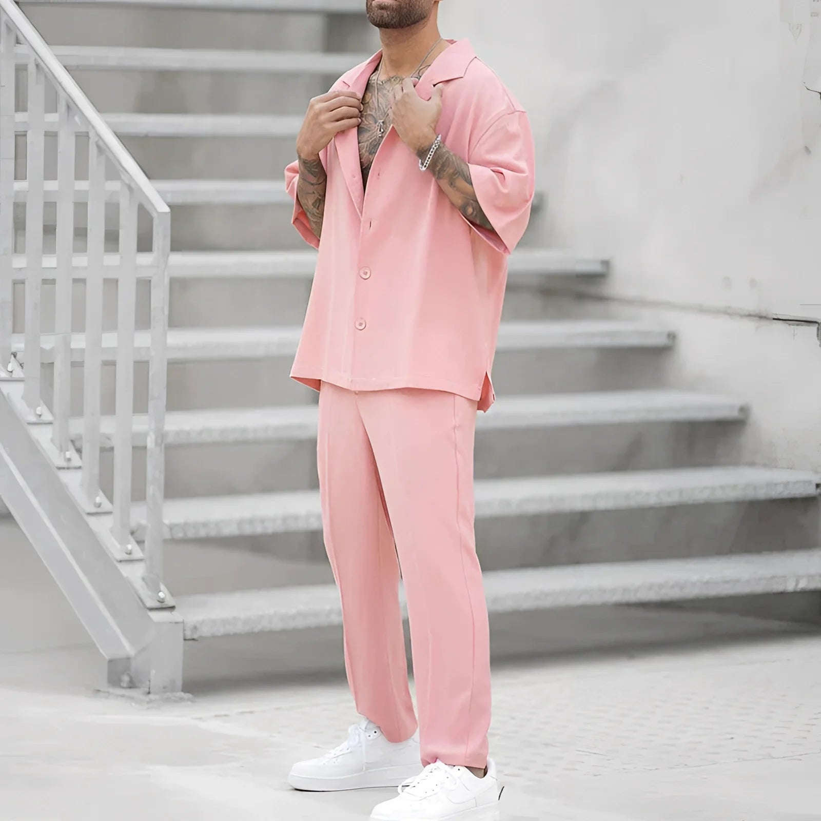 Modern Pastel Pink Men's Two-Piece Suit for Streetwear
 - ModishWorld