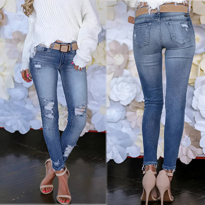 Women's Light Wash Distressed Skinny Jeans with Ripped Ankles
 - ModishWorld