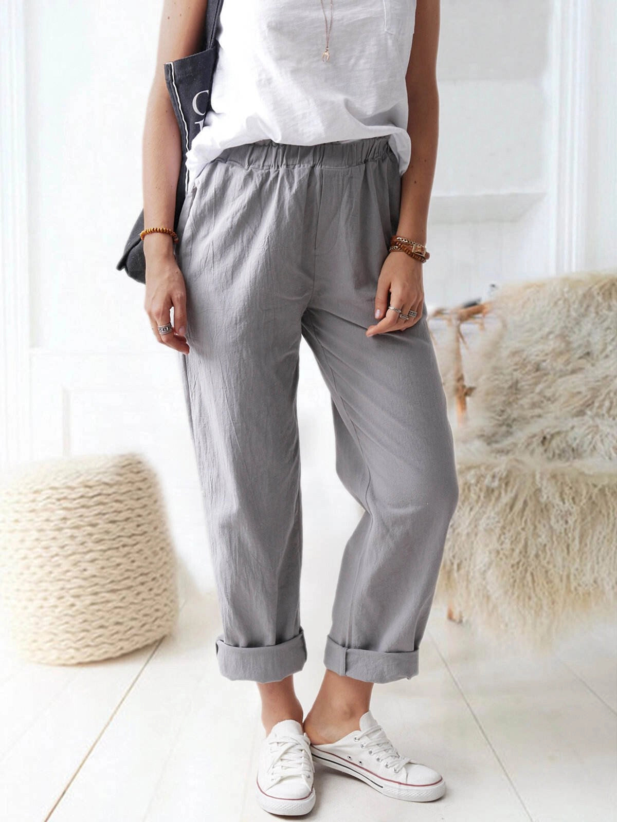 Grey Summer Cropped Pants for Women: Lightweight, Breathable, Elastic Waist
 - ModishWorld