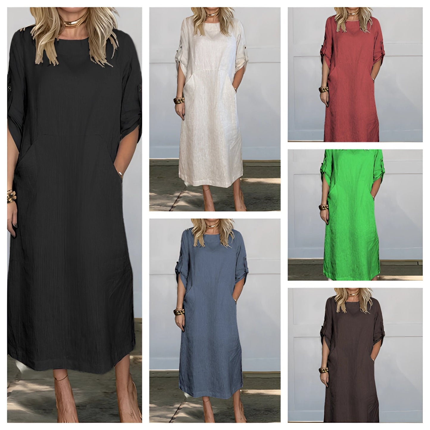 Women's Casual Linen Midi Shift Dress with Scoop Neck and Half Sleeves
 - ModishWorld
