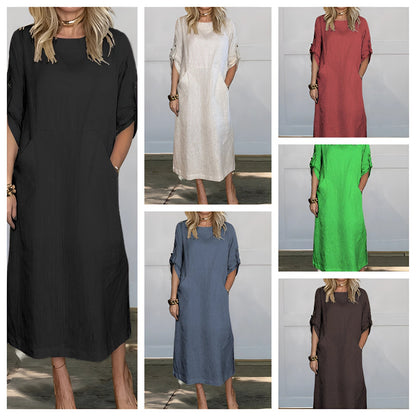 Women's Casual Linen Midi Shift Dress with Scoop Neck and Half Sleeves
 - ModishWorld
