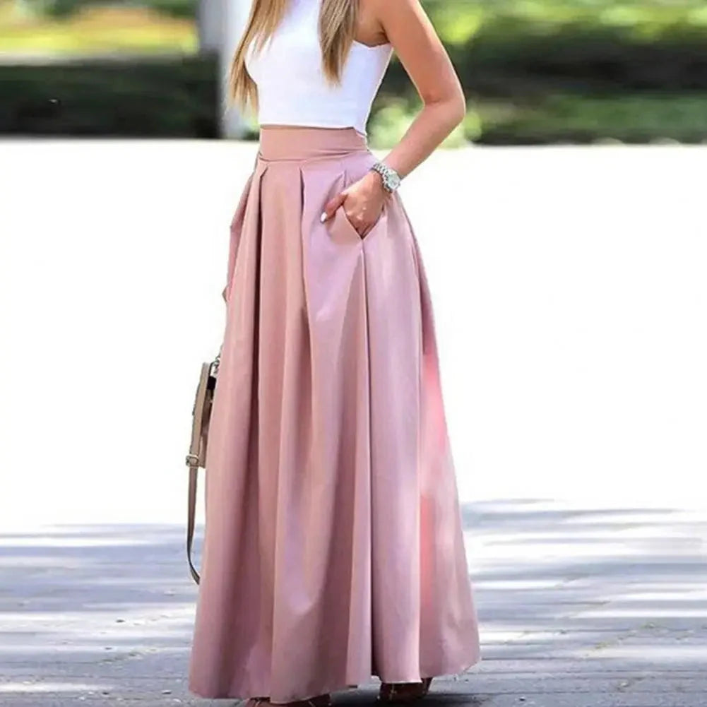 Elegant Women's High-Waisted Long Pink Pleated Satin Maxi Skirt
 - ModishWorld