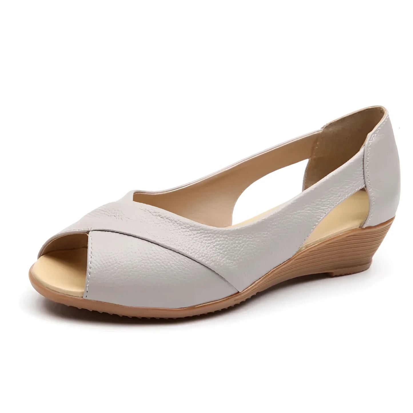 White Leather Peep Toe Sandals with Low Wedge Heel - Comfortable Summer Footwear
 - ModishWorld