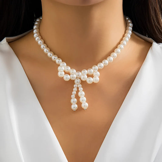 Pearl Choker Necklace with Double Strand and Bow
 - ModishWorld