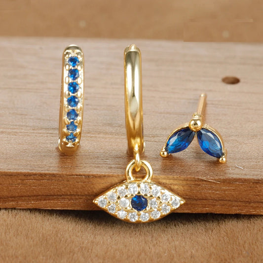 Gold Sapphire and Evil Eye Luxury Jewelry Set: Huggie Earrings & Pendant
 - ModishWorld