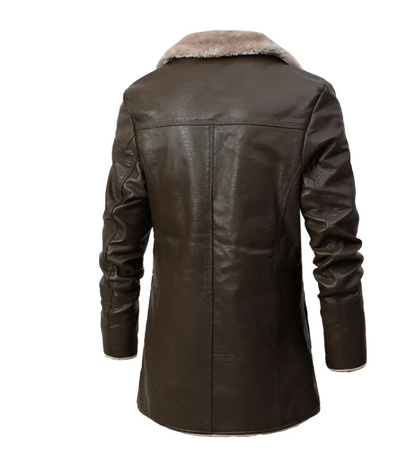 Insulated Brown Leather Men's Jacket with Fur Collar - Luxury Winter Wear
 - ModishWorld