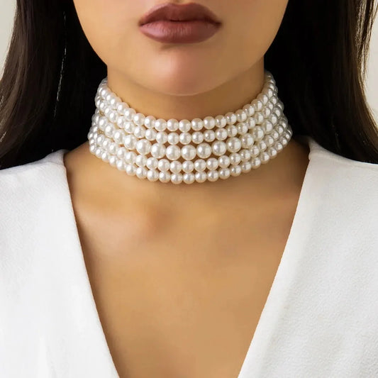 Elegant Bridal Choker Necklace with Three Strands of Pearls
 - ModishWorld