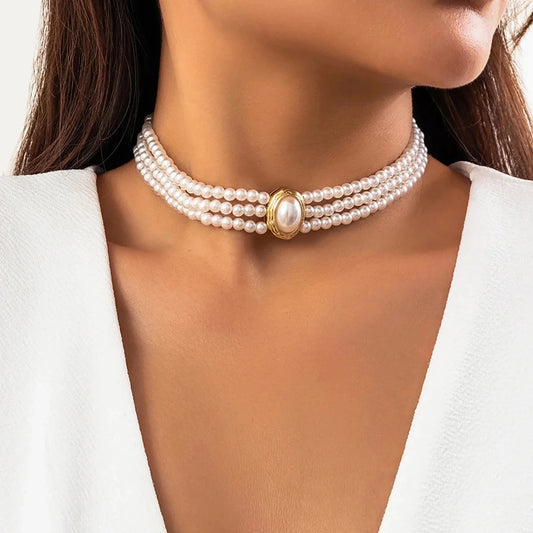 Elegant Bridal Necklace: Luxury Triple-Strand Pearl Choker with Gold Clasp
 - ModishWorld