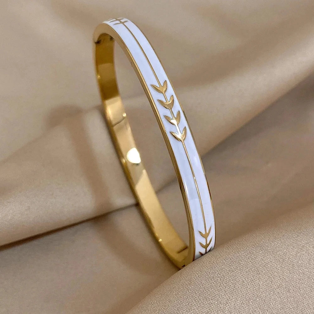 Designer Bangle: White Enamel, Gold Leaf, Luxury High-End Jewelry
 - ModishWorld