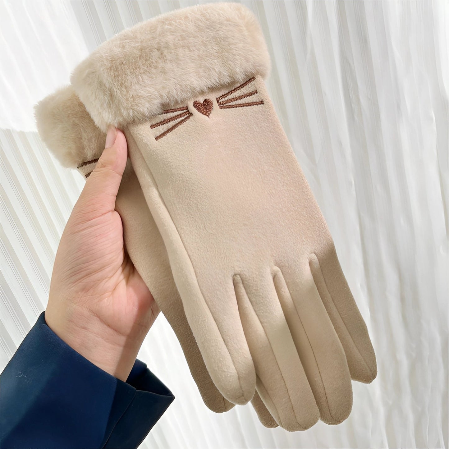 Elegant Beige Suede Gloves with Fur Cuffs - Warm and Fashionable
 - ModishWorld