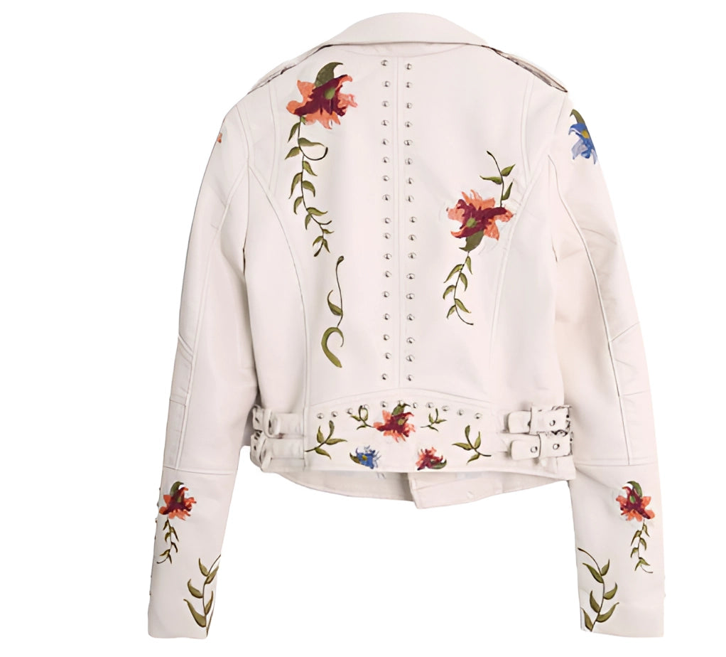 Premium White Leather Biker Jacket with Embroidered Detailing for Women
 - ModishWorld
