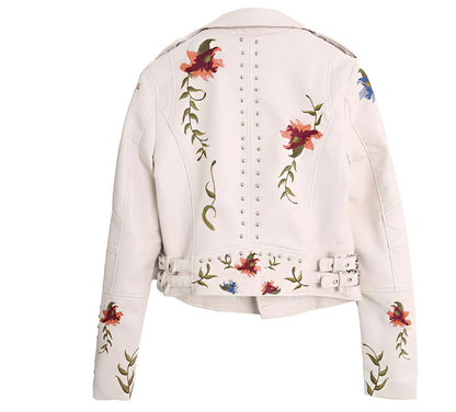 Premium White Leather Biker Jacket with Embroidered Detailing for Women
 - ModishWorld