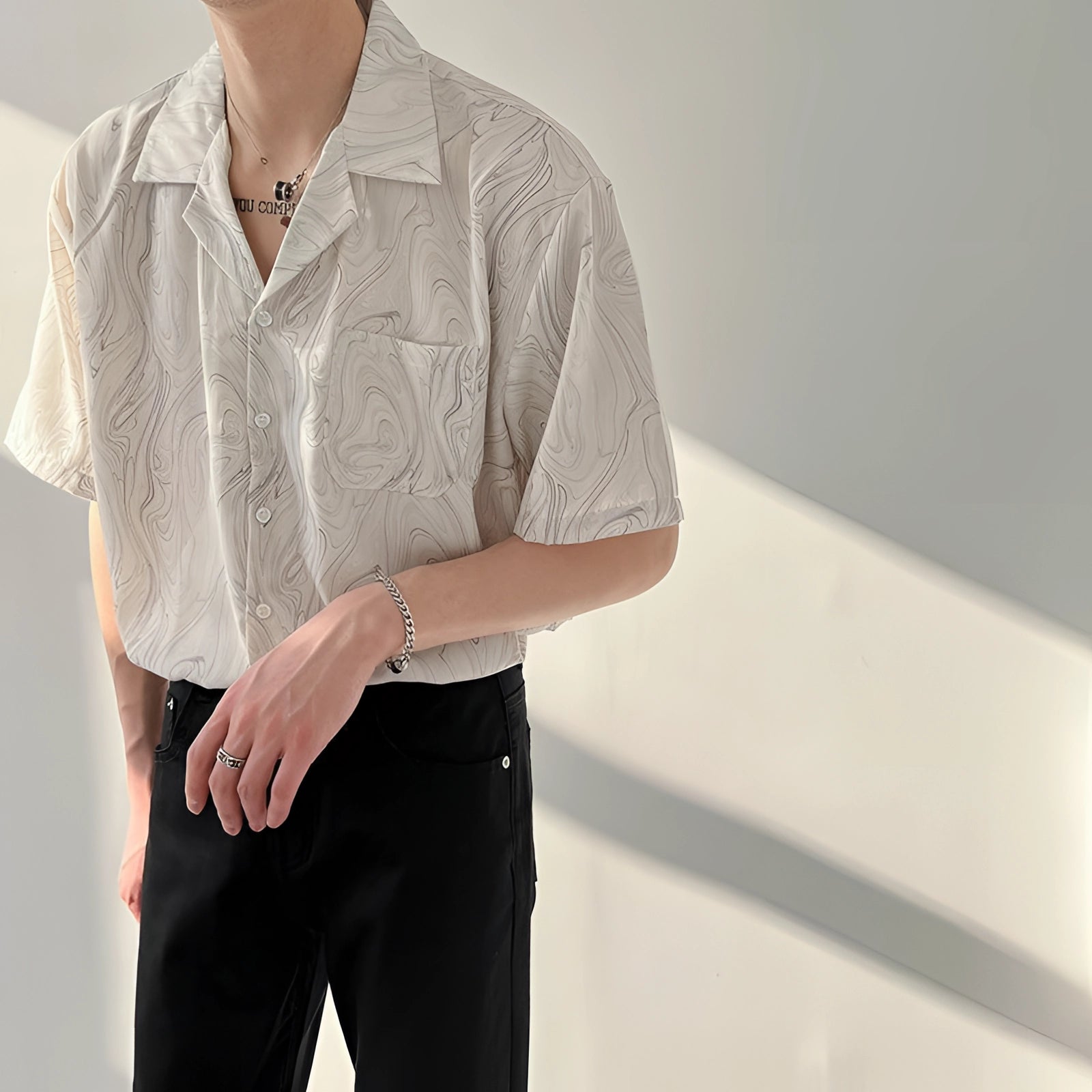 Beige Men's Short Sleeve Casual Shirt with Marble Print
 - ModishWorld