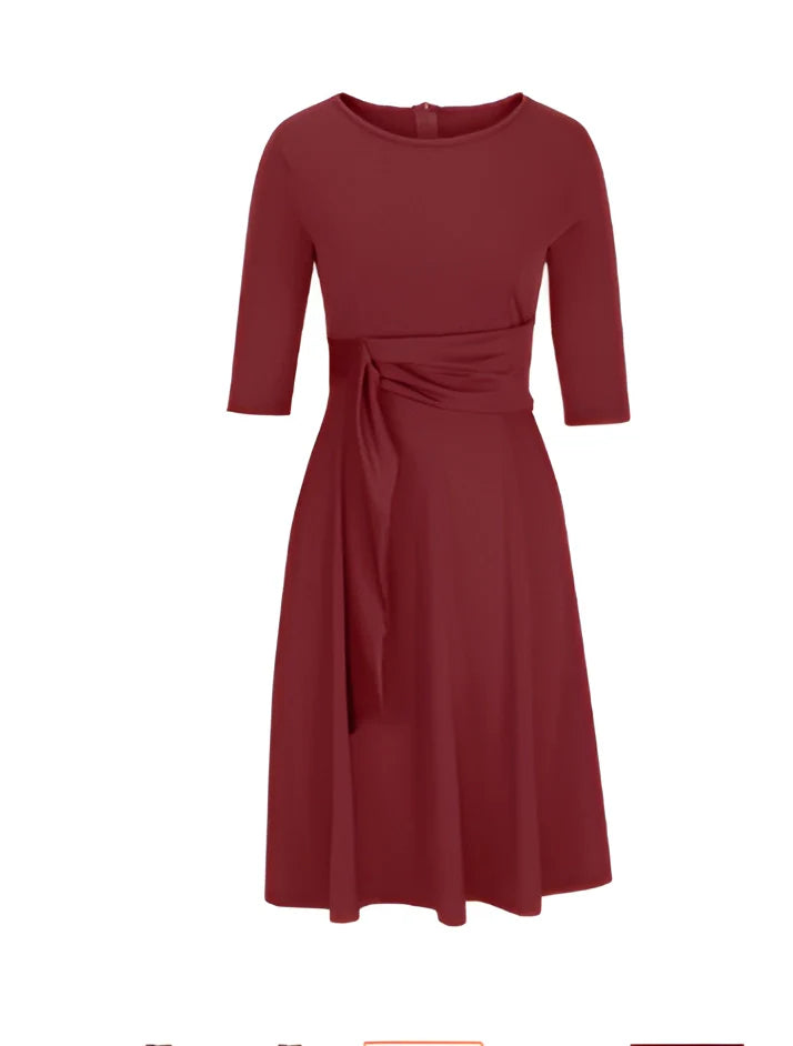 A-line Midi Maroon Dress, Twist Front and Boat Neck, for the Office
 - ModishWorld