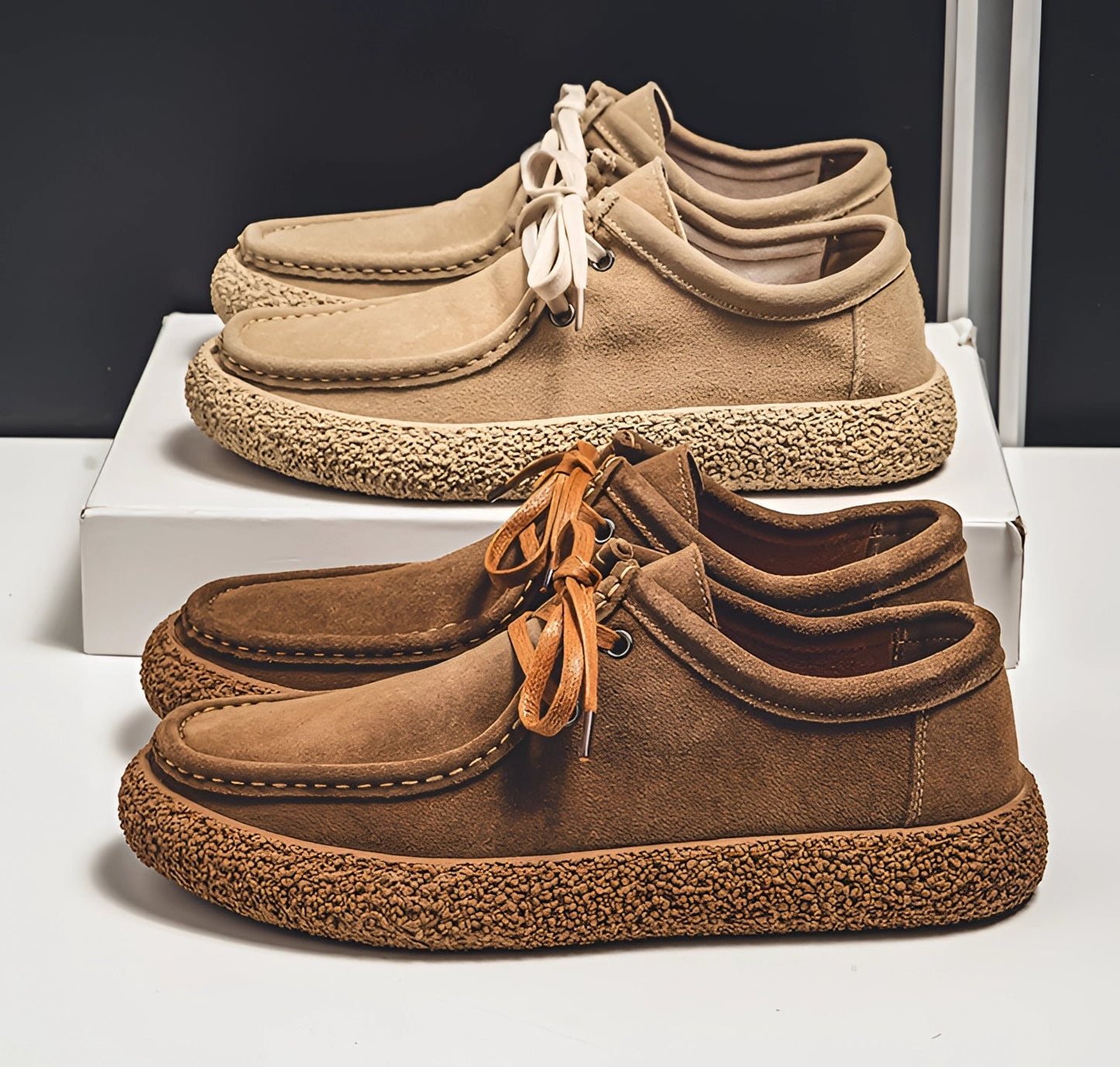 Beige Brown Suede Wallabee Men's Shoes with Crepe Sole and Lace-Up Moc Toe
 - ModishWorld