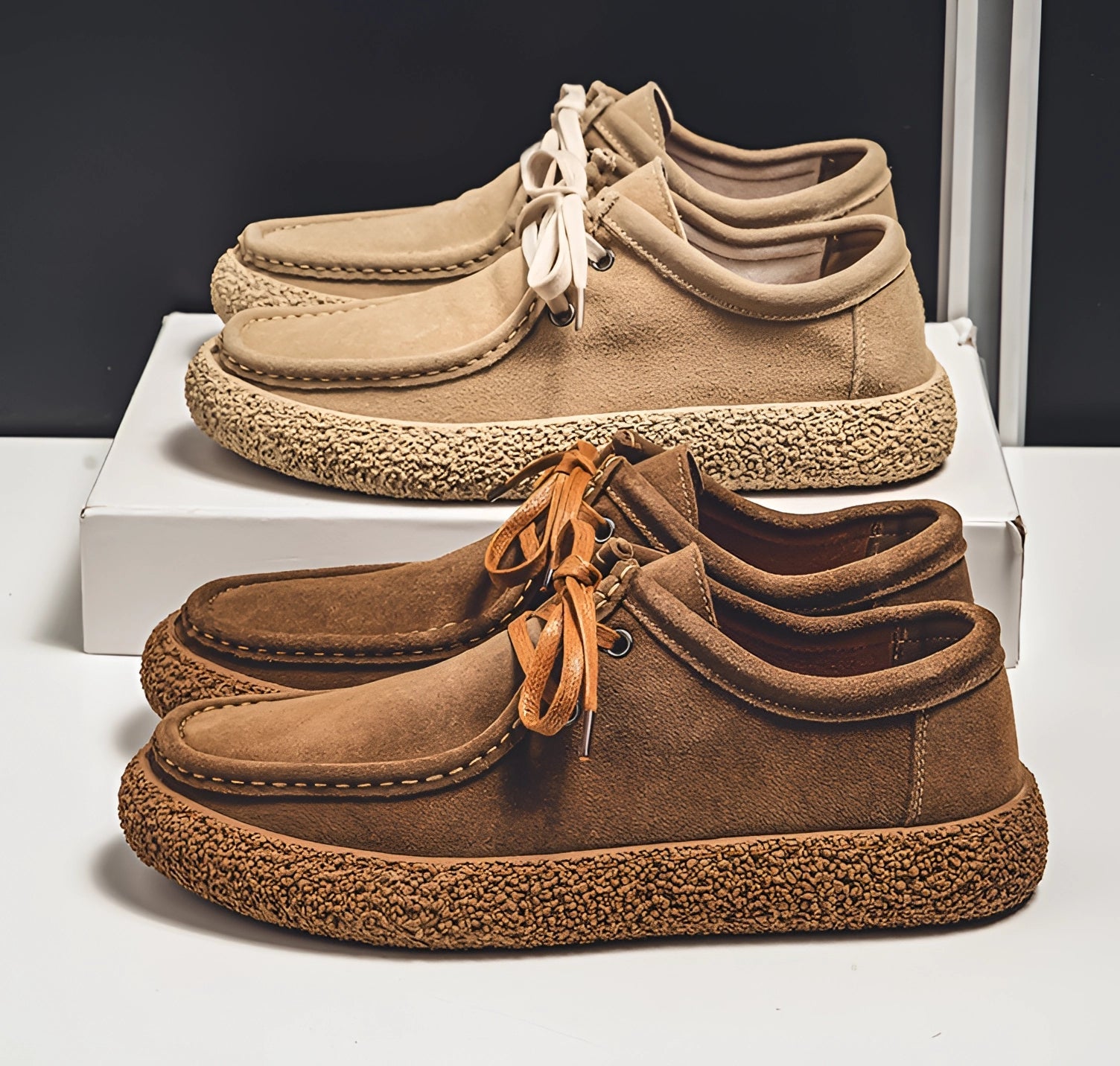 Beige Brown Suede Wallabee Men's Shoes with Crepe Sole and Lace-Up Moc Toe
 - ModishWorld
