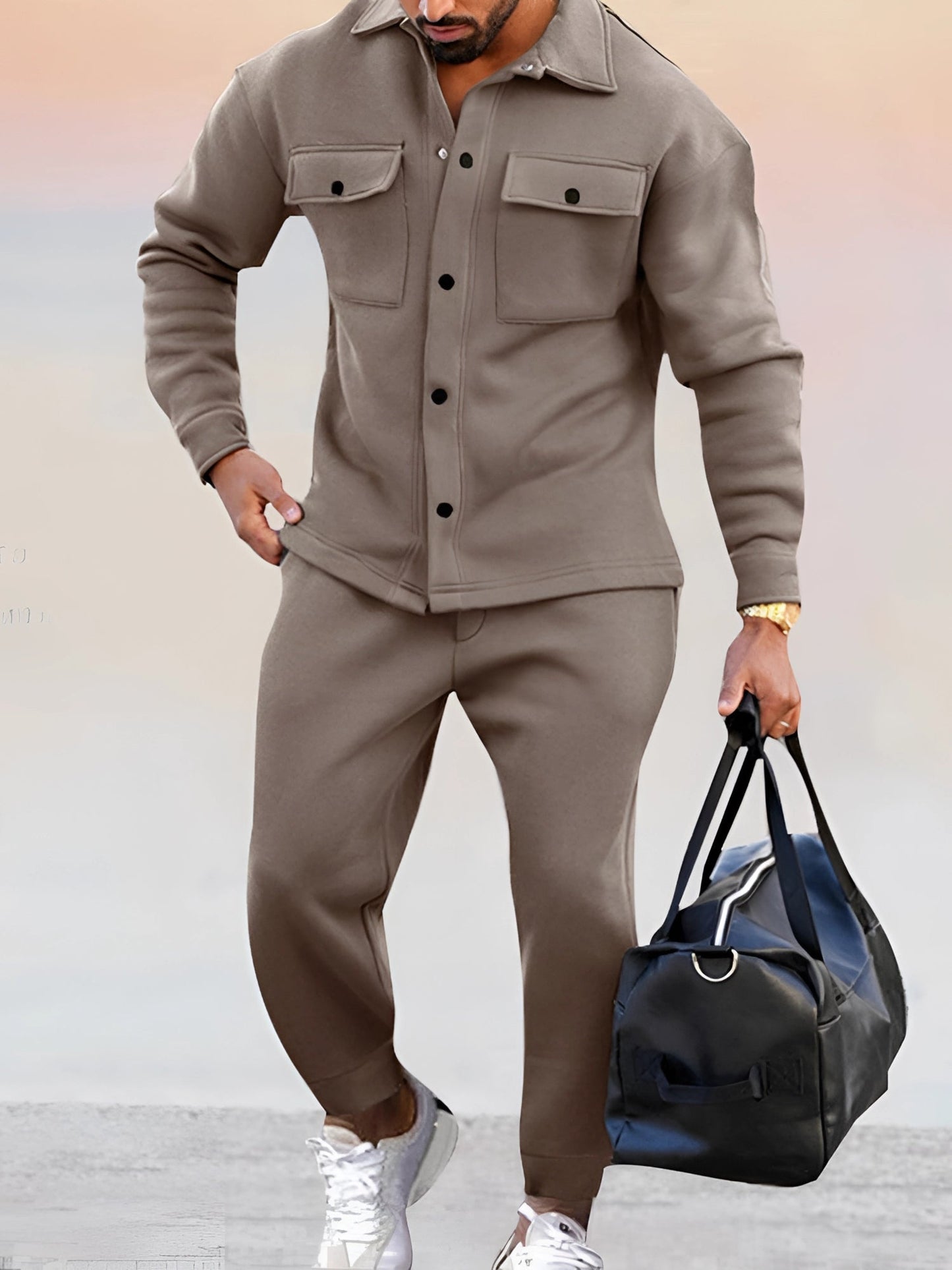 Beige Casual Tracksuit for Men: Button-Up Jacket and Fitted Pants
 - ModishWorld