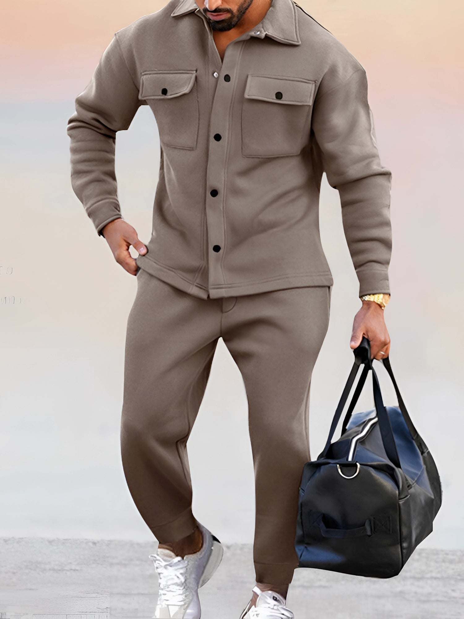 Beige Casual Tracksuit for Men: Button-Up Jacket and Fitted Pants
 - ModishWorld