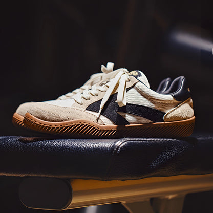 Beige Suede and Two-Tone Canvas Low-Top Men's Sneakers with Gum Sole
 - ModishWorld