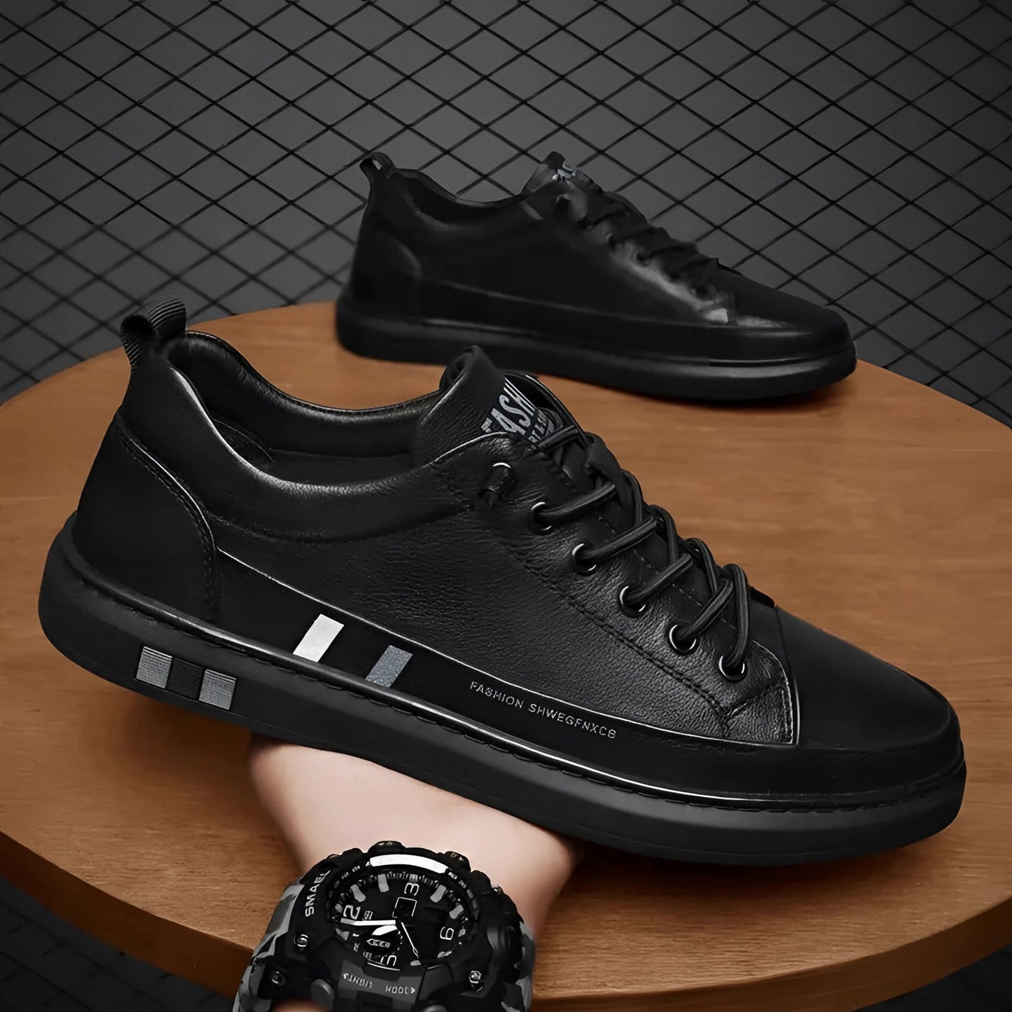 Black Leather Lace-Up Sneakers for Men, Featuring Reflective Stripes
 - ModishWorld