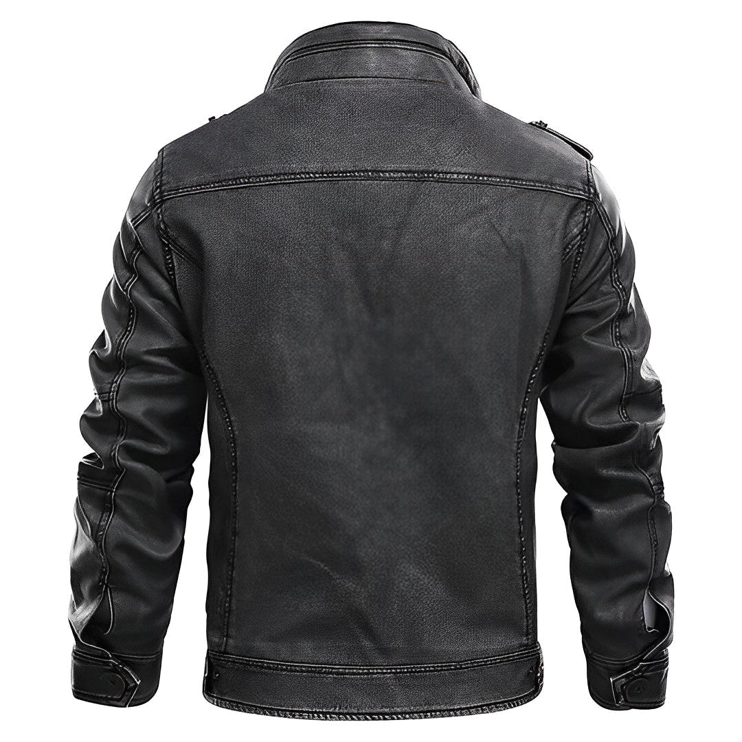 Black Leather Motorcycle Jacket for Men with Padded Shoulders and Quilted Sleeves
 - ModishWorld