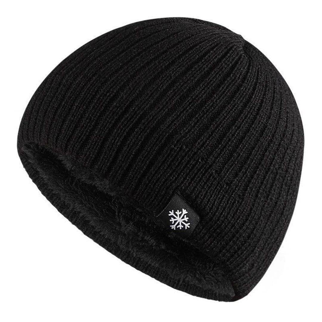 Black Fleece-Lined Thermal Beanie for Men with Snowflake Emblem
 - ModishWorld