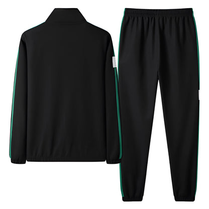 Black Men's Tracksuit, Green Stripe Detail - High Neck, Elasticated Waist
 - ModishWorld