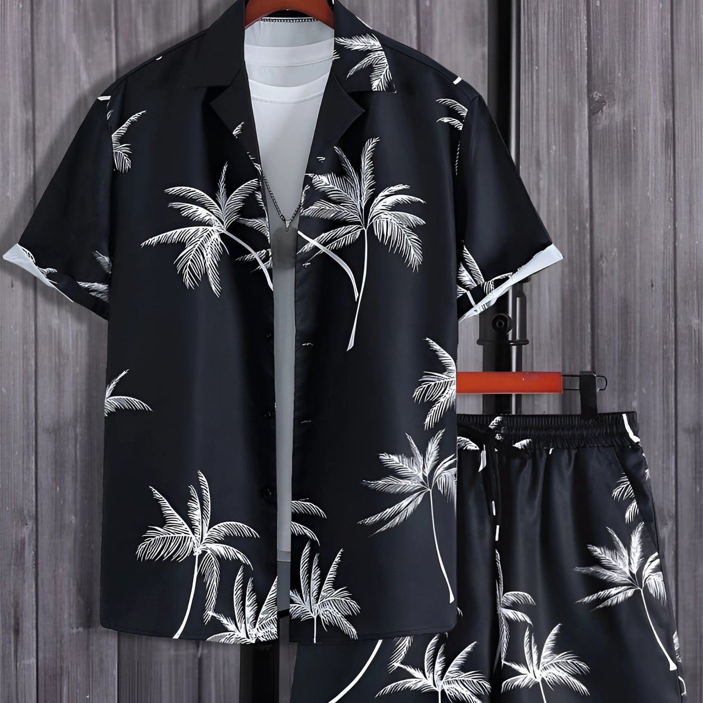 Men's Hawaiian Shirt and Shorts Set, Black and White Palm Print
 - ModishWorld
