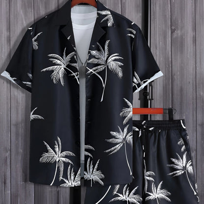 Men's Hawaiian Shirt and Shorts Set, Black and White Palm Print
 - ModishWorld