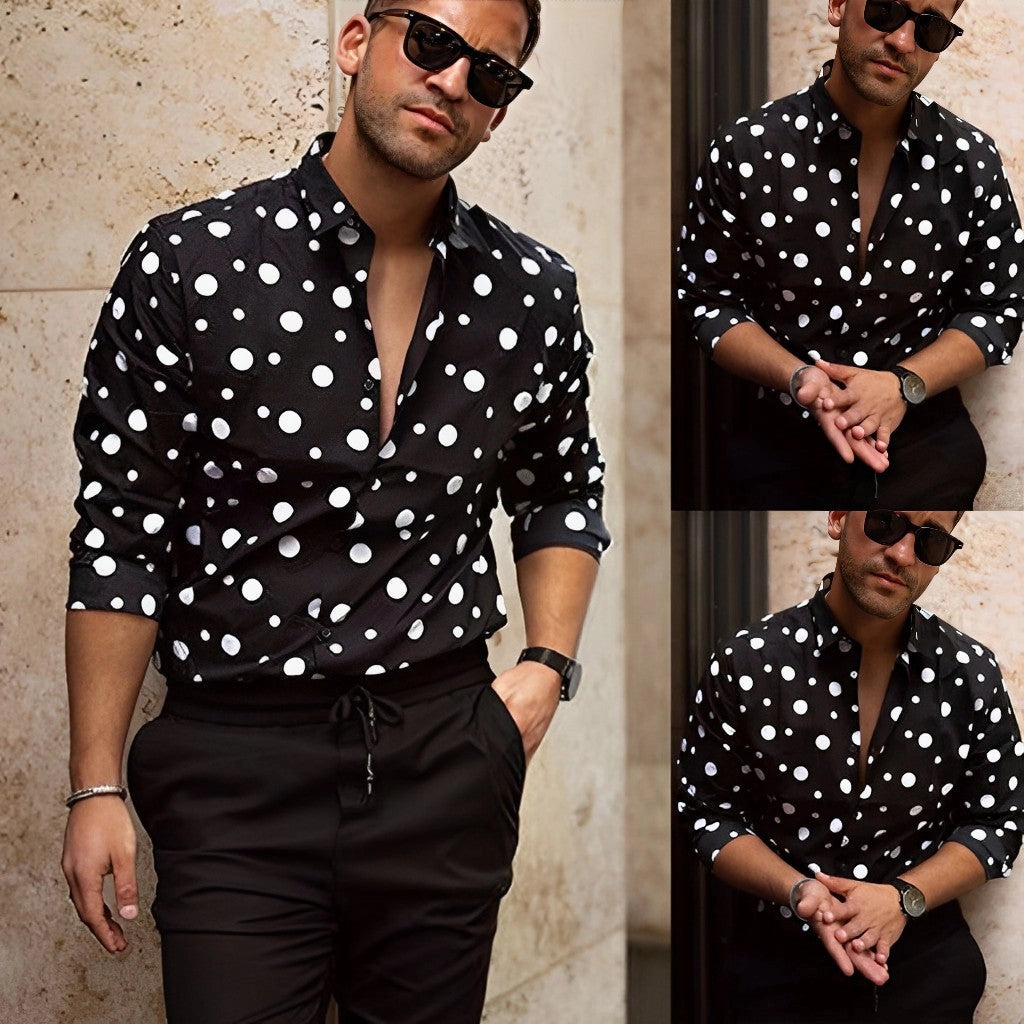 Stylish Slim-Fit Polka Dot Shirt for Men in Black and White
 - ModishWorld