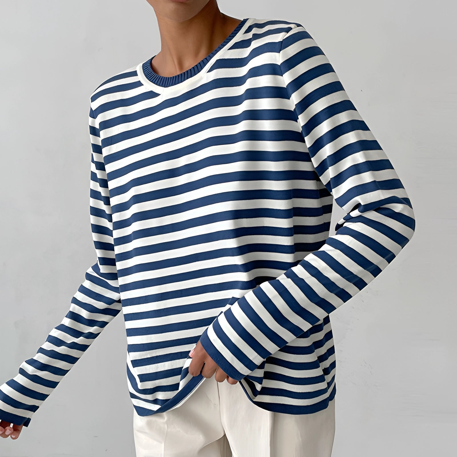 Men's Casual Blue and White Striped Crewneck Sweater
 - ModishWorld