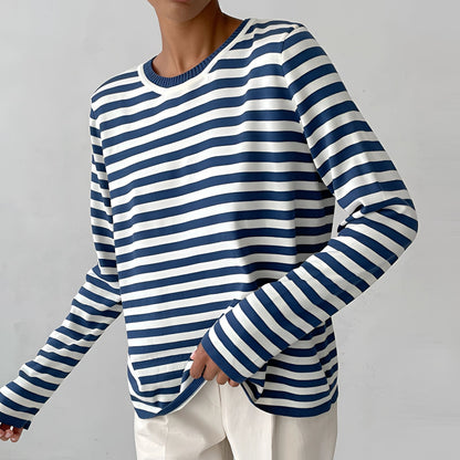 Men's Casual Blue and White Striped Crewneck Sweater
 - ModishWorld