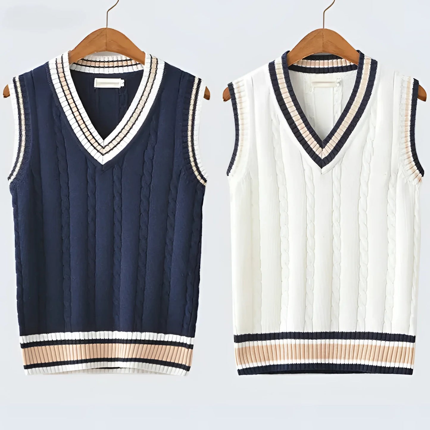 Navy and Ivory Men's V-Neck Vest with Striped Trim, Cable Knit
 - ModishWorld