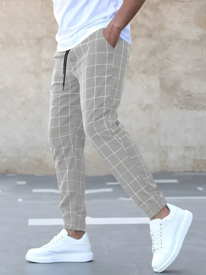 Slim Fit Beige Plaid Men's Trousers with Drawstring Waist and Ankle Length
 - ModishWorld