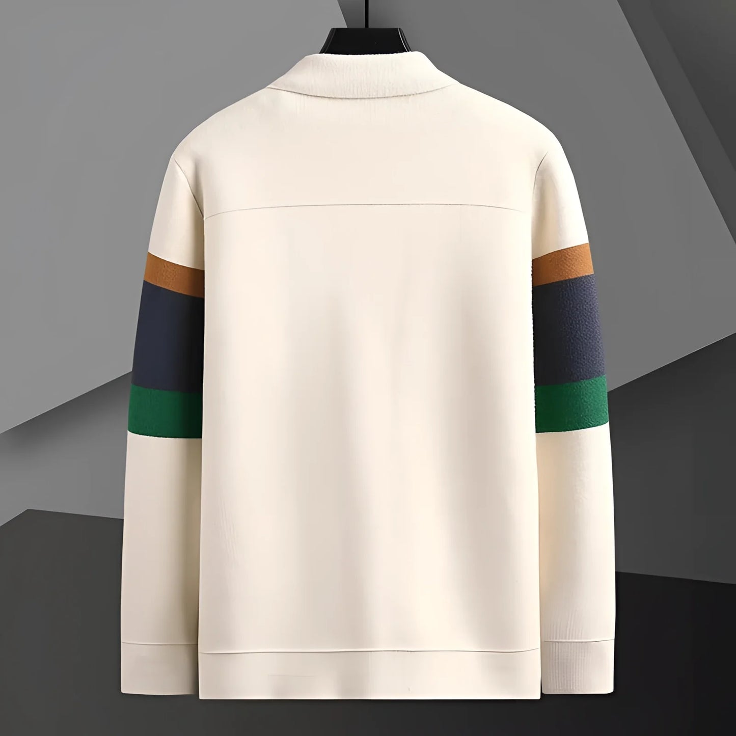 Cozy Men's Knit Sweater with Striped Sleeves and Cream Turtleneck
 - ModishWorld