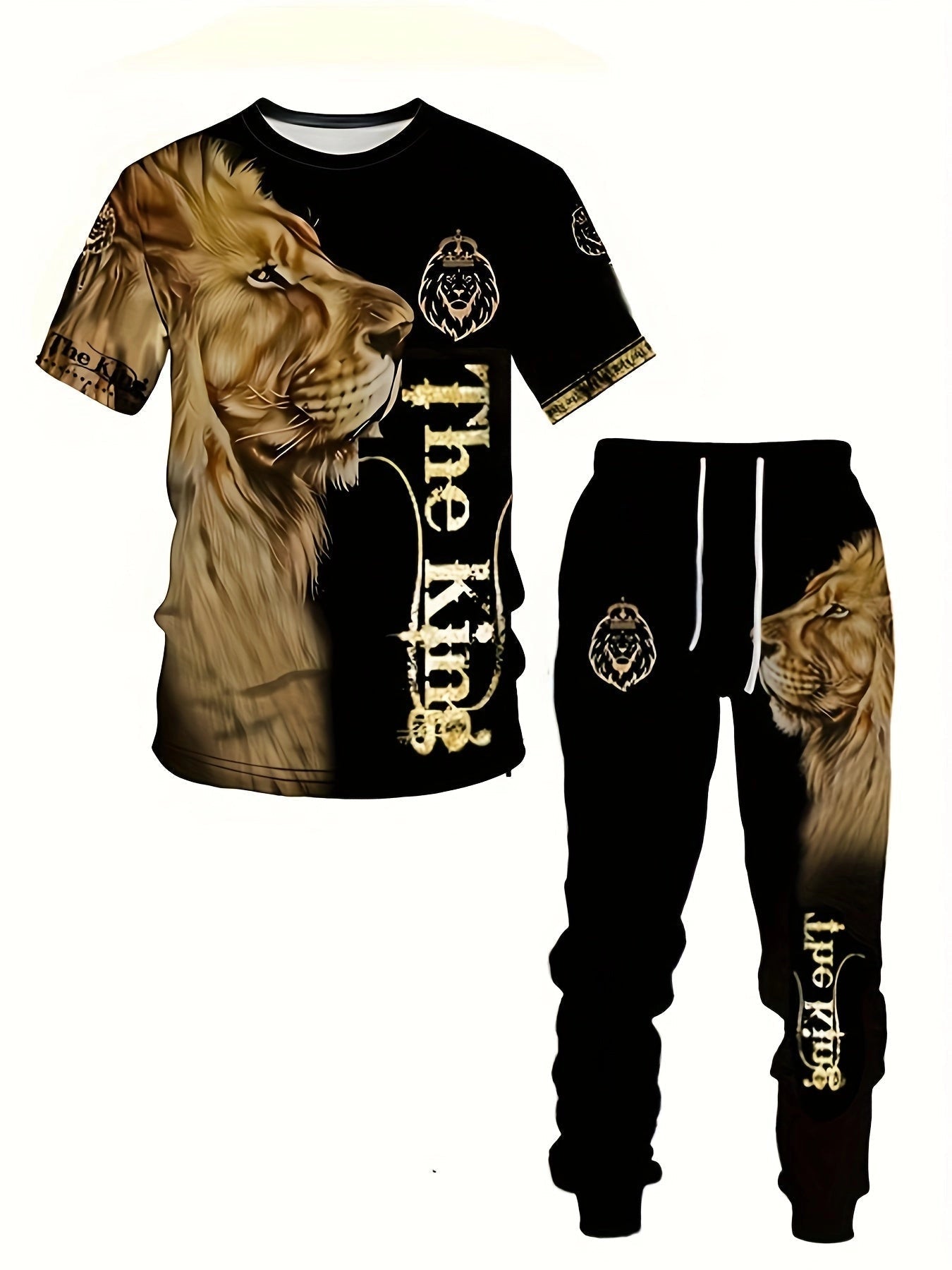 Men's Tracksuit: Gold & Black Lion Print - Majestic Animal Design
 - ModishWorld
