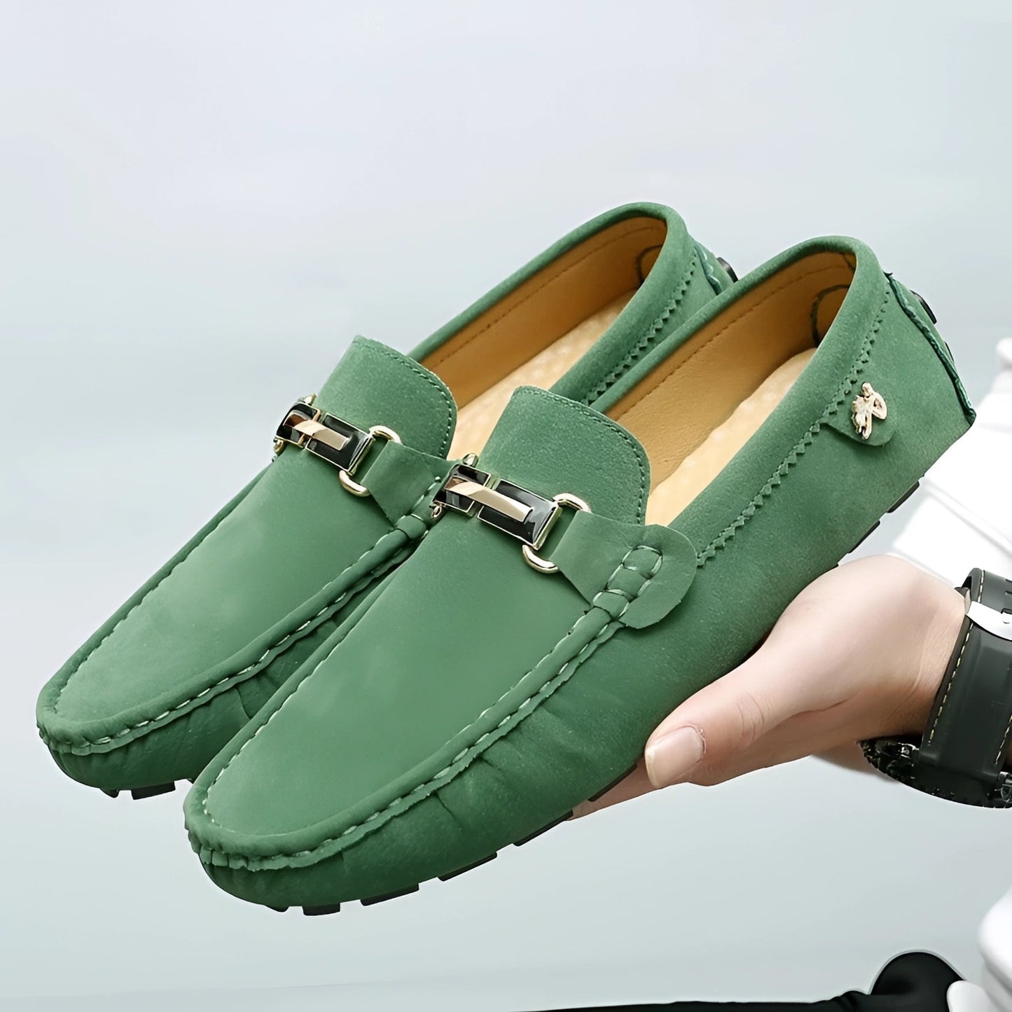 Luxury Men's Green Suede Driving Loafers with Metal Buckle
 - ModishWorld