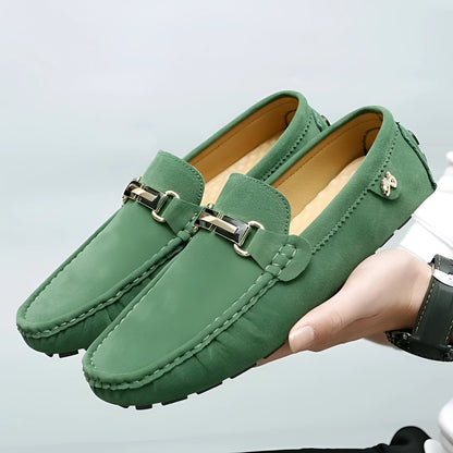 Luxury Men's Green Suede Driving Loafers with Metal Buckle
 - ModishWorld