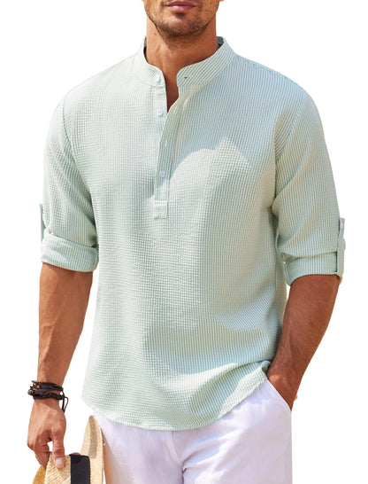 Lightweight, Breathable Men's Green Waffle Knit Henley Long-Sleeve Pullover
 - ModishWorld