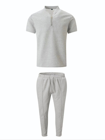 Grey Men's Cotton Blend Lounge Set: Zip-Up Polo Shirt and Joggers
 - ModishWorld
