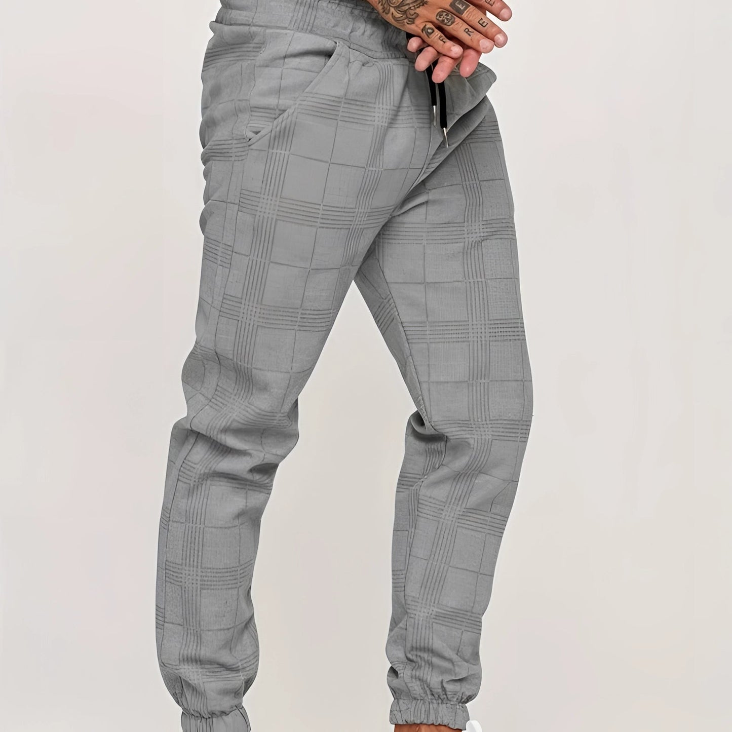 Slim Fit Grey Plaid Ankle Trousers for Men: Casual Street Style
 - ModishWorld