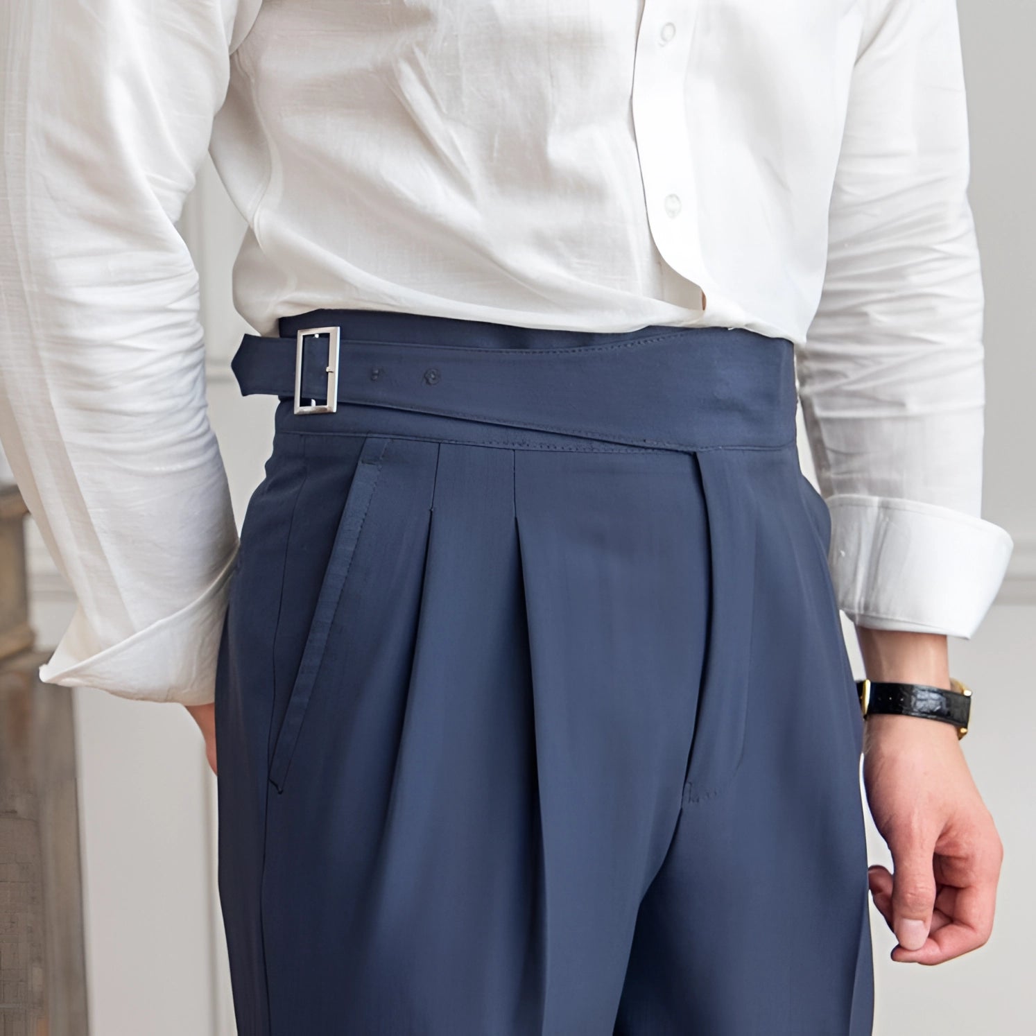 Blue Pleated Dress Pants for Men, High-Waisted and Tailored, with Belt Loops
 - ModishWorld